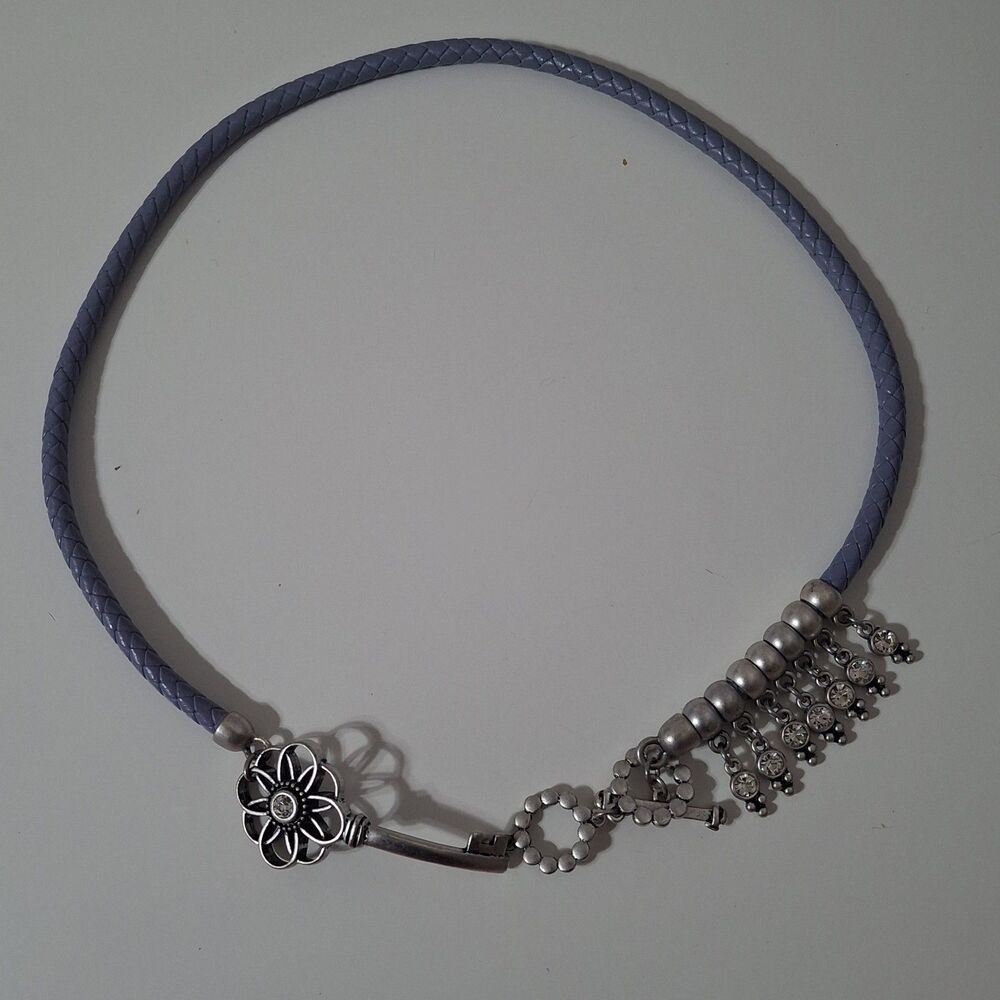 Premier Design Gray Blue Cord Silver Tone Flower Key Dangle Rhinestone Necklace